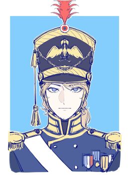 Rule 34 | 1boy, axis powers hetalia, blonde hair, blue background, blue eyes, chinese commentary, commentary request, epaulettes, facial hair, france (hetalia), goatee stubble, hat, hat feather, highres, jacket, looking at viewer, male focus, medium hair, military uniform, ponytail, shako cap, shimengshaonu17953, simple background, solo, stubble