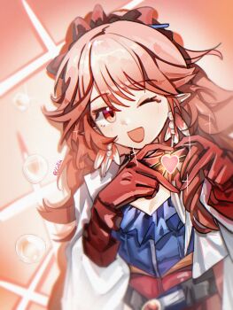 Rule 34 | :d, absurdres, arknights, commentary request, earrings, four-finger heart hands, gloves, haruka (arknights), heart, heart hands, highres, jewelry, long hair, looking at viewer, one eye closed, open mouth, pointy ears, red eyes, red gloves, red hair, sakuratani hane, smile