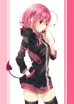 1girl ahoge animal_hood ass black_thighhighs blush border candy cowboy_shot demon_tail female_focus food from_side hand_in_pocket hand_up highres holding holding_food hood hood_down hoodie koi_pink-chan koi_pink_(sakuragi_ren) lollipop long_hair long_sleeves mouth_hold original paw_print pink_hair red_eyes sakuragi_ren solo square tail thighhighs white_background zettai_ryouiki zipper