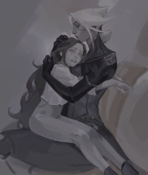 2girls absurdres aina_(mayexplode) camille_(league_of_legends) closed_eyes closed_mouth couch elbow_gloves from_side gloves greyscale highres hug jacket league_of_legends long_sleeves monochrome multiple_girls pants seraphine_(league_of_legends) shirt short_hair