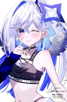 Rule 34 | 1girl, absurdres, amane kanata, amane kanata (lock on), bare shoulders, black bra, black choker, black sports bra, blue hair, blush, bra, breasts, choker, closed mouth, colored inner hair, commentary request, earrings, grey hair, hair between eyes, halo, highres, hololive, jewelry, light blush, long hair, multicolored hair, navel, o-ring, o-ring choker, one eye closed, purple eyes, shiratori moca, small breasts, smile, solo, sports bra, star (symbol), star earrings, star halo, stomach, underwear, virtual youtuber