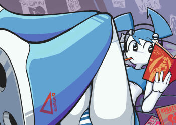 absurdres android blackboltlonewolf blue_hair boots colored_skin drossel_von_flugel highres humanoid_robot jenny_wakeman joints metal_skin my_life_as_a_teenage_robot nickelodeon panties reading robot robot_girl robot_joints striped_clothes striped_panties twintails underwear white_skin