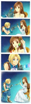 1boy 1girl aqua_vest ascot bare_shoulders belt blonde_hair blue_eyes blue_pants blue_wrist_cuffs boots border brown_belt brown_eyes brown_hair cat_tail chair closed_eyes couple cropped_vest detached_sleeves dress final_fantasy final_fantasy_ix flower full_body garnet_til_alexandros_xvii gloves grey_boots grey_gloves hetero holding holding_flower long_dress long_hair looking_at_another low-tied_long_hair low_ponytail multiple_views neck_ribbon official_alternate_costume on_one_knee open_mouth pants parted_bangs pennant pink_flower pink_rose ponytail quichi_91 ribbon rose sitting smile strapless strapless_dress tail upper_body vest white_ascot white_border white_dress white_sleeves wrist_cuffs zidane_tribal