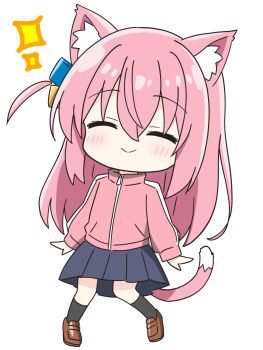 1girl ^_^ animal_ear_fluff animal_ears black_socks blue_skirt blush bocchi_the_rock! brown_shoes cat_ears cat_girl cat_tail chibi chibi_only closed_eyes closed_mouth commentary_request cube_hair_ornament facing_viewer full_body gotoh_hitori hair_between_eyes hair_ornament highres jacket kemonomimi_mode kotatsu-mazoku long_hair long_sleeves one_side_up pink_hair pink_jacket pleated_skirt shoes simple_background skirt smile socks solo sparkle standing tail track_jacket white_background