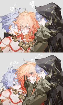 3boys after_kiss antenna_hair arm_tattoo armlet armor black_choker black_cloak black_coat black_shirt blonde_hair blue_eyes blush braid chest_tattoo choker clawed_gauntlets cloak coat commentary dual_persona earrings facial_tattoo flame_reaver_of_the_deepest_dark gold_earrings gold_necklace gradient_hair grey_background highres honkai:_star_rail honkai_(series) hood hooded_cloak jewelry male_focus medium_hair multicolored_hair multiple_boys mydei_(honkai:_star_rail) necklace open_clothes open_coat parted_bangs pauldrons phainon_(honkai:_star_rail) qinnye red_hair red_tattoo saliva saliva_trail shirt short_hair shoulder_armor side_braid single_pauldron symbol-only_commentary tattoo white_coat white_hair yaoi yellow_eyes