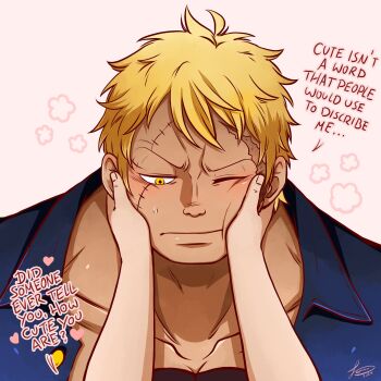 Rule 34 | 1boy, absurdres, bara, bellamy (one piece), blonde hair, blush, cheek press, chest tattoo, dark-skinned male, dark skin, english text, heart, highres, hyena (samayajonna), looking at viewer, male focus, muscular, muscular male, one piece, open clothes, open shirt, pectoral cleavage, pectorals, pov, pov adoring, pov hands, short hair, shy, solo focus, tattoo, upper body