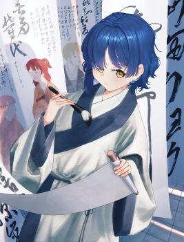 1girl absurdres blue_hair bocchi_the_rock! calligraphy_brush chinese_clothes from_above gotoh_hitori hanfu highres holding holding_calligraphy_brush holding_paintbrush holding_scroll ijichi_nijika k0ushou kita_ikuyo paintbrush parody perspective scroll solo style_parody yamada_ryo yellow_eyes