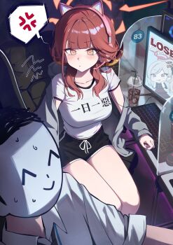 1boy 2girls absurdres alternate_costume anger_vein angry animal_ear_headphones animal_ears aru_(blue_archive) blue_archive cat_ear_headphones cat_ears chair computer computer_keyboard dolphin_shorts doodle_sensei_(blue_archive) fake_animal_ears gaming_chair halo headphones highres monitor multiple_girls mutsuki_(blue_archive) okkimon orange_eyes orange_halo pink_eyes playing_games red_hair red_halo sensei_(blue_archive) shirt shorts soda swivel_chair white_hair white_shirt