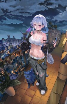 1girl bra breasts calvin_klein chimera_(wuthering_waves) denim galbrena_(wuthering_waves) jeans large_breasts navel pants piercing short_hair snarkhunt toned torn_clothes underwear wuthering_waves