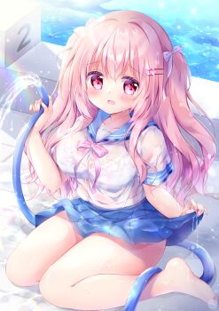 1girl absurdres blue_sailor_collar blue_skirt blush bra brown_hair chiika_(cure_cherish) clothes_lift collarbone commentary_request hair_ornament hair_ribbon hairclip highres holding holding_hose hose looking_at_viewer moe2022 open_mouth original pleated_skirt pool poolside red_eyes ribbon sailor_collar school_uniform see-through_clothes serafuku shirt sidelocks sitting skirt skirt_lift solo two_side_up underwear wariza wet wet_clothes wet_shirt wet_skirt white_bra white_shirt