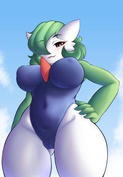 1girl arm_at_side blue_one-piece_swimsuit blue_sky blush breasts cameltoe colored_skin covered_erect_nipples covered_navel cowboy_shot day eyebrows_hidden_by_hair female_focus from_below gardevoir gen_3_pokemon green_hair green_skin hair_over_one_eye hand_on_own_hip konan_exe large_breasts looking_at_viewer looking_down multicolored_skin naughty_face nintendo one-piece_swimsuit open_mouth outdoors pokemon pokemon_(creature) red_eyes short_hair sky smile solo standing swimsuit two-tone_skin white_skin