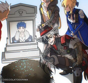 1girl 3boys ahoge archer_(fate) archer_(honkai:_star_rail)_(fate) artist_name artoria_pendragon_(fate) belt black_boots black_coat black_eyes black_gloves black_hair black_hat black_jacket black_pants blonde_hair blue_bow blue_bowtie blue_dress blue_ribbon boothill_(honkai:_star_rail) boots bow bowtie braid brown_belt bullet_earrings caelus_(honkai:_star_rail) cape cioccolatodorima coat commentary cowboy_hat cu_chulainn_(fate) cu_chulainn_(honkai:_star_rail)_(fate) cu_chulainn_(lancer)_(fate) cyborg dark-skinned_male dark_skin dress earrings english_commentary faceless faceless_male fate/stay_night fate/unlimited_blade_works fate_(series) fingerless_gloves full_body gloves grant_gustin_next_to_oliver_queen&#039;s_grave_(meme) grave grey_armor grey_hair hair_bun hair_over_one_eye hair_ribbon hat hat_feather hat_ornament honkai:_star_rail honkai_(series) hood hooded_coat jacket jewelry long_hair long_sleeves looking_at_viewer mechanical_arms mechanical_hands meme multicolored_hair multiple_boys open_clothes open_coat pants red_cape red_coat ribbon saber_(fate) saber_(honkai:_star_rail)_(fate) shadow sharp_teeth sheriff_badge shirt short_hair sidelocks simple_background smile spiked_hair squatting standing star_ornament striped_bow striped_bowtie striped_clothes t-shirt teeth tombstone trailblazer_(honkai:_star_rail) two-sided_coat two-sided_fabric two-tone_dress two-tone_hair v white_background white_dress white_hair white_shirt yellow_coat zipper