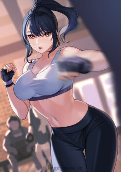1girl absurdres bare_shoulders black_gloves black_hair black_pants boxing_gloves breasts brown_eyes cleavage clenched_hands collarbone commentary_request cowboy_shot fingerless_gloves gloves gluteal_fold highres indoors kagematsuri large_breasts looking_at_viewer midriff motion_blur navel original pants parted_lips ponytail punching punching_bag sidelocks sports_bra standing sweat thigh_gap twitter_username white_sports_bra yoga_pants