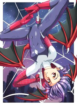 1girl adapted_costume bat_wings black_bodysuit bodysuit boots border breasts building city cosplay darkstalkers eyebrow_piercing face_piercing head_wings high_heel_boots high_heels highres hood hooded_bodysuit lilith_(darkstalkers) looking_at_viewer marvel multicolored_bodysuit night night_sky piercing purple_hair red_boots red_eyes red_wings shiny_clothes short_hair silk sirknightbot sky skyscraper small_breasts smile solo spider-gwen spider-gwen_(cosplay) spider-man_(series) spider_web spider_web_print upside-down white_bodysuit white_border wings