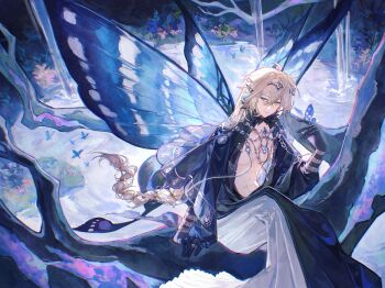 Rule 34 | 1boy, absurdres, ahoge, alkaid mcgrath, bangle, black capelet, black gloves, black robe, blonde hair, blue butterfly, blue gemstone, blue wings, bracelet, braid, bug, butterfly, butterfly on hand, butterfly wings, capelet, chinese commentary, circlet, closed mouth, convenient censoring, ear covers, fairy, fairy wings, flower, from above, fur collar, gem, gloves, grass, green eyes, hair between eyes, highres, in tree, insect, insect wings, jewelry, lake, light smile, long hair, long sleeves, looking at viewer, lovebrush chronicles, low-braided long hair, low-tied long hair, male focus, multiple bracelets, multiple necklaces, multiple rings, necklace, official alternate costume, open clothes, open robe, pink flower, pointy ears, puffy long sleeves, puffy sleeves, ring, robe, silver necklace, sitting, sitting in tree, solo, tiantaiyouyong, tree, two-tone robe, very long hair, water, waterfall, white robe, wings