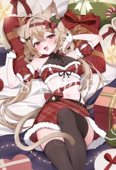 1girl ahoge animal_ear_fluff animal_ears armpits bare_shoulders blonde_hair box breasts brown_thighhighs cat_ears cat_girl cat_tail cleavage crop_top detached_sleeves fur-trimmed_skirt fur_trim gift gift_box hands_up highres hinagikumonnme long_hair looking_at_viewer low_twintails lying midriff miniskirt navel on_back open_mouth original red_eyes red_shirt red_skirt see-through_cleavage see-through_clothes shirt short_sleeves skirt sleeveless sleeveless_shirt small_breasts smile solo stomach tail thighhighs twintails very_long_hair