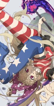 1girl absurdres american_flag_dress american_flag_legwear ass blonde_hair clownpiece commentary_request fairy_wings foot_out_of_frame grey_background grin hat highres holding holding_torch jester_cap looking_at_viewer moon neck_ruff open_mouth pantyhose planet polka_dot red_eyes shimiya_jin short_sleeves signature smile solo star_(symbol) star_print striped_clothes teeth torch touhou twitter_username upside-down wings
