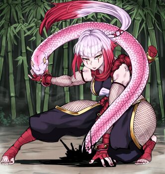 1girl absurdres antares_topaz baggy_pants bamboo bamboo_forest bandaged_foot bandaged_leg bandages bare_shoulders biceps black_pants breasts bridal_legwear bush clothing_cutout commentary commission dirt elbow_gloves english_commentary eyeliner facial_mark familiar fingerless_gloves fishnet_top fishnets foliage forest forked_tongue gloves gold_ring gold_trim hair_rings hand_on_another&#039;s_chin hand_on_floor highres hip_vent ink landing leaf lipstick long_hair looking_to_the_side makeup medium_hair multicolored_hair muscular muscular_female nail_polish nature ninja original pale_skin pants parted_lips ponytail red_eyeliner red_gloves red_hair red_lips red_nails red_rope red_scales rope sideboob single_hair_ring slit_pupils snake solo straight_hair studded_gloves summoning thick_thighs thighs tiptoes toenail_polish toenails tongue tongue_out two-tone_hair very_long_hair white_hair white_scales yellow_eyes
