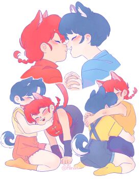 Rule 34 | 2girls, absurdres, alesshiart, animal ears, black hair, black shorts, blush, braid, breasts, cat ears, cat girl, cat tail, chinese clothes, closed eyes, clothing cutout, commentary, dog ears, dog girl, dog tail, english commentary, heart, highres, holding hands, hug, interlocked fingers, kemonomimi mode, medium breasts, multiple girls, noses touching, orange socks, ranma-chan, ranma 1/2, red hair, red shorts, short hair, short shorts, shorts, signature, single braid, sitting, socks, suspender shorts, suspenders, tail, tail through clothes, tendou akane, wariza, yellow socks, yuri