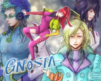 Rule 34 | 2girls, 2others, aqua coat, black hair, blonde hair, blue hair, clothing cutout, coat, commentary request, copyright name, earrings, gloves, gnosia, green eyes, hair ornament, hairclip, headphones, heart, heart earrings, highres, jewelry, multiple girls, multiple others, parallel hairclips, partially fingerless gloves, pink eyes, pink lips, raqio, red hair, setsu (gnosia), sq (gnosia), thigh cutout, yuriko (gnosia), zzz mikuni