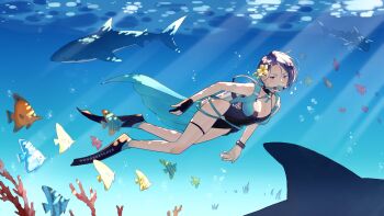 1girl air_bubble artist_name bare_arms bare_legs black_choker black_one-piece_swimsuit blue_cape blue_hair bracelet breasts bubble cape casual_one-piece_swimsuit choker cleavage coral cross-laced_clothes cross-laced_one-piece_swimsuit day diving diving_regulator fire_emblem fire_emblem:_three_houses fish flippers flower from_side full_body gloves hair_flower hair_ornament halterneck highres jewelry large_breasts looking_at_viewer mango_(mgosketches) nintendo ocean official_alternate_costume one-piece_swimsuit outdoors oxygen_tank partially_fingerless_gloves purple_eyes scuba scuba_tank shamir_nevrand shamir_nevrand_(summer) shark short_hair submerged sunlight swimming swimsuit tropical_fish twitter_username underwater waist_cape water yellow_flower