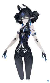 1girl absurdres android black_hair breasts character_request closed_eyes closed_mouth colored_skin earrings grey_skin hair_between_eyes highres jewelry joints mole mole_under_eye pointy_ears robot_joints skin_seams small_breasts solo terras