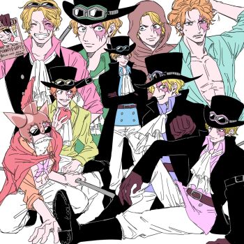 Rule 34 | 1boy, apple, ascot, belt, belt buckle, black boots, black coat, black hat, black vest, blonde hair, blue shirt, boots, brown gloves, buckle, cape, coat, collarbone, commentary request, crossed arms, food, fruit, gloves, goggles, goggles on headwear, green shirt, grin, hat, helmet, highres, holding, holding food, holding fruit, hood, long sleeves, male focus, mike (tomatomato244), monkey d. luffy, multiple views, official alternate costume, one piece, open clothes, open coat, orange shirt, pants, pectorals, pink shirt, red cape, sabo (one piece), scar, scar on face, shirt, short hair, sitting, smile, sunglasses, sweatdrop, vest, wanted poster, white ascot, white pants, wing collar