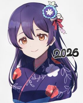 1girl 2026 absurdres blue_hair blue_kimono brown_eyes closed_mouth commentary_request cropped_torso floral_print floral_print_kimono hair_ornament highres japanese_clothes kimono long_hair looking_at_viewer love_live! love_live!_school_idol_project ozawasan0930 print_kimono simple_background smile solo sonoda_umi white_background
