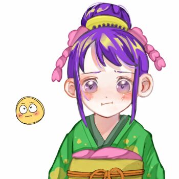 1girl blush child commentary_request emoji green_kimono hair_bun hair_ornament japanese_clothes kimono kurozumi_tama looking_at_viewer obi one_piece purple_eyes purple_hair sash sidelocks simple_background u_mi031 upper_body white_background yellow_sash