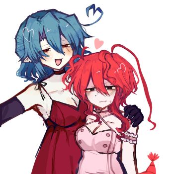 2girls ahoge antenna_hair bad_tag bare_shoulders black_eyes black_gloves blue_hair breasts buttons choker cleavage colored_skin dress elbow_gloves funamusea gloves hand_on_another's_shoulder heart heart_ahoge highres hijoushiki_roc large_breasts lobco_(funamusea) lobster_girl lobster_tail multiple_girls oounabara_to_wadanohara pink_dress pointy_ears pout red_choker red_dress red_eyes red_hair red_pupils sam_(sillylinariafan) simple_background sleeveless sleeveless_dress sweat tail white_background white_skin yuri