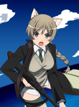 1girl angry animal_ears black_jacket blue_eyes blue_sky braid breasts brown_hair cat_ears cat_girl cloud cloudy_sky flying gun highres holding holding_gun holding_weapon jacket large_breasts looking_at_viewer lynette_bishop military military_uniform naguramu necktie no_pants ocean open_mouth outdoors shirt single_braid sky solo strike_witches striker_unit striped_clothes striped_thighhighs sweater_vest thighhighs weapon white_shirt world_witches_series