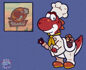 1other ascot blue_background chef chef_hat cookie food full_body hat highres looking_at_viewer mario_(series) mario_kart mario_kart_world muzyoshi nintendo red_yoshi reference_inset reference_photo smile solo standing yoshi