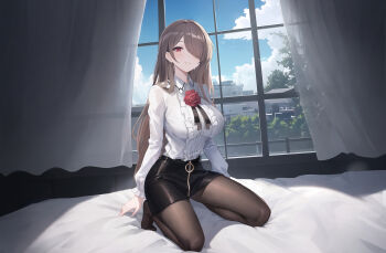 1girl absurdres bed black_pantyhose black_skirt blue_sky breasts brightlight brown_hair chinese_commentary commentary curtains flower hair_over_one_eye highres honkai_(series) honkai_impact_3rd indoors large_breasts long_hair miniskirt mole mole_under_eye official_alternate_costume on_bed pantyhose pencil_skirt purple_eyes red_flower red_rose rita_rossweisse rita_rossweisse_(fallen_rosemary) rita_rossweisse_(summer_night&#039;s_dream) rose seiza shirt sitting skirt sky solo very_long_hair white_shirt window