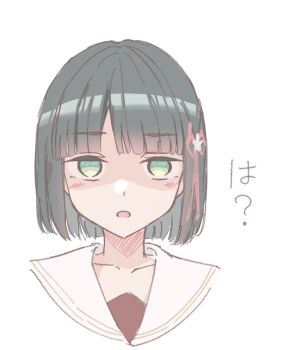 Rule 34 | 1girl, :o, black hair, blunt bangs, blunt ends, bob cut, commentary, flower, flower knot, green eyes, hair flower, hair ornament, hasu no sora school uniform, highres, iroha (nami3), link! like! love live!, looking at viewer, love live!, momose ginko, open mouth, pink flower, sailor collar, school uniform, shaded face, short hair, simple background, solo, symbol-only commentary, unamused, virtual youtuber, white background, white sailor collar, winter uniform