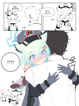 1boy 2girls ? ?? @_@ absurdres animal_ears blue_archive blue_hair blush check_translation closed_eyes closed_mouth comic drinking gloves hair_between_eyes hair_ornament hairclip halo hat highres hug index_finger_raised korean_text multiple_girls nodoka_(blue_archive) open_mouth partially_colored peaked_cap plentyofempty sensei_(blue_archive) shigure_(blue_archive) shirt smile speech_bubble spoken_question_mark translation_request weasel_ears white_shirt