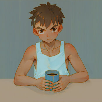 1boy brown_hair drink kimitachi_wa_dou_ikiru_ka maki_mahito male_focus ryou_hiryuu short_hair sitting solo table tank_top toned toned_male undercut white_tank_top