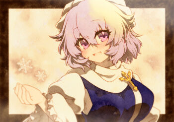 1girl blurry blurry_background blush bow breasts depth_of_field dress hair_bow hat highres letty_whiterock long_sleeves looking_at_viewer open_mouth pink_eyes purple_eyes purple_hair rinka_(qqqrinkappp) scarf short_hair smile snowflakes snowing solo touhou