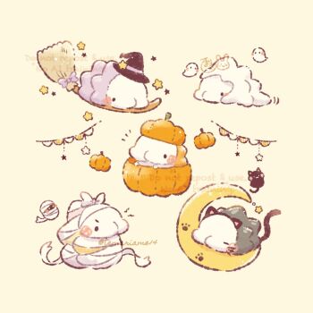 black_eyes blush broom cat commentary_request gen_8_pokemon ghost halloween halloween_costume hat highres mummy nintendo no_humans pokemon pokemon_(creature) pumpkin simple_background snom temariame14 witch_hat yellow_background