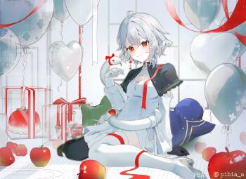 1girl absurdres ahoge apple artist_name asymmetrical_legwear balloon black_capelet black_thighhighs bow breasts cake capelet cleavage commentary detached_sleeves dress food fruit full_body gloves grey_shoes heart_balloon highres long_sleeves looking_at_viewer neo-porte pba_471 red_eyes red_ribbon ribbon shirona_shizuku shoes short_hair small_breasts smile snake snake_wrapped_around_body solo thighhighs virtual_youtuber wavy_hair white_bow white_dress white_gloves white_hair white_ribbon white_snake white_theme white_thighhighs zettai_ryouiki