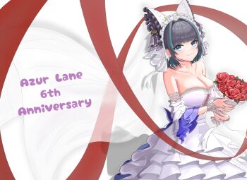 1girl anniversary aqua_streaks azur_lane bare_shoulders blue_eyes bouquet breasts bustier cheshire_(azur_lane) cheshire_(the_cat_and_the_white_steed)_(azur_lane) commentary_request copyright_name detached_sleeves dress flower grey_hair holding holding_bouquet kiiro_(user59986096) large_breasts layered_dress looking_at_viewer medium_hair multicolored_hair official_alternate_costume red_flower red_rose rose short_sleeves simple_background solo streaked_hair string string_of_fate two-tone_hair white_bustier white_dress