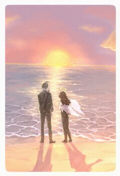 Rule 34 | 2boys, akitenshy, amputee, angel, angel devil (chainsaw man), angel wings, beach, black hair, border, brown hair, chainsaw man, cloud, cloudy sky, formal clothes, halo, hayakawa aki, highres, long hair, medium hair, multiple boys, ocean, sky, spoilers, suit, sunset, sword, sword on back, topknot, weapon, weapon on back, white border, wind, wings