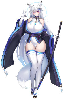 Rule 34 | 1girl, absurdres, animal ears, aqua trim, bare shoulders, black kimono, blush, breasts, collar, commentary request, fox ears, fox girl, fox shadow puppet, fox tail, from behind, full body, grey hair, hair ornament, highres, holding, holding sword, holding weapon, huge breasts, japanese clothes, katana, kimono, kutan, leotard, long hair, long sleeves, looking at viewer, mizuki (kutan), multiple views, original, pinwheel, pinwheel hair ornament, purple eyes, ribbon-trimmed thighhighs, ribbon trim, sheath, sheathed, simple background, smile, standing, sword, tachi-e, tail, thighhighs, turnaround, very long hair, weapon, white background, white hair, white thighhighs, wide sleeves