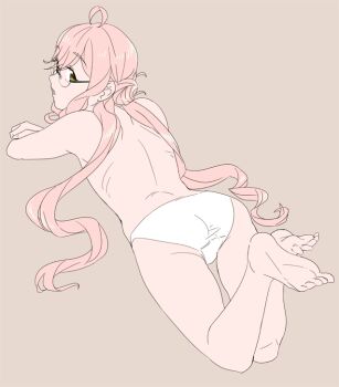 1girl ahoge ass barefoot brown_background brown_eyes curious double_bun feet from_behind hair_bun head_tilt kantai_collection long_hair lying makigumo_(kancolle) ojipon on_stomach panties parted_lips simple_background soles solo topless_female twintails underwear white_panties