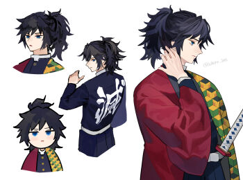1boy alternate_hairstyle belt black_hair black_jacket black_pants blue_eyes buttons chibi commentary_request demon_slayer_uniform empty_eyes from_behind gold_buttons hair_between_eyes hand_up haori high_collar highres jacket japanese_clothes katana kikkoumon kimetsu_no_yaiba korean_commentary long_hair looking_at_viewer male_focus pants parted_lips print_haori profile red_haori soboru_jmt spiked_hair sword tomioka_giyuu twitter_username weapon white_belt