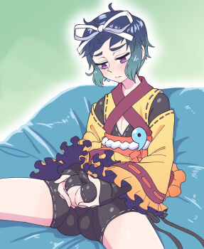 1boy ass crossdressing crossdressing_(mtf) green_hair hair_ornament highres huge_testicles japanese_clothes kikunomon_tsubomi original pathkebe_h penis purple_eyes revealing_clothes shorts sitting skirt small_penis spread_legs testicle_grab testicle_peek testicles trap