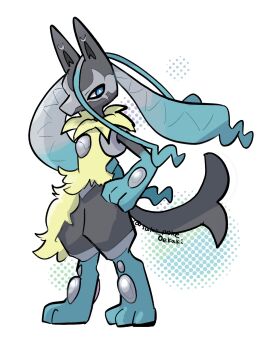 Rule 34 | blue eyes, blue fur, gen 4 pokemon, hand on own hip, looking to the side, lucario, mega lucario z, mega pokemon, nintendo, pokemon, saki pokeoekaki, yellow fur