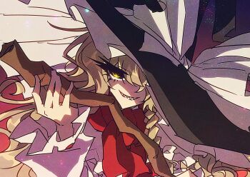 1girl black_hat blonde_hair bow braid grin hand_up hat hat_bow highres holding kirisame_marisa long_hair looking_at_viewer sharp_teeth shirt single_braid smile solo teeth togeppoi touhou upper_body white_bow white_shirt witch_hat yellow_eyes