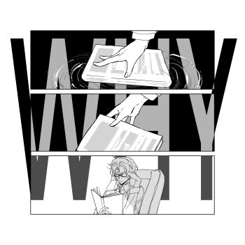 1boy adjusting_eyewear book chair commentary_request curtained_hair english_text glasses greyscale highres holding holding_book male_focus monochrome omniscient_reader&#039;s_viewpoint picking_up ripples short_hair solo twle yoo_joonghyuk