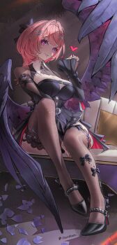 1girl absurdres black_bow black_dress black_shrug black_thighhighs black_wings bow bow_legwear breasts chest_belt cleavage commentary couch demiraito dress fingernails full_body garter_straps grin hair_bow hair_intakes hair_ornament hairclip high_heels highres large_breasts low_wings medium_hair nail_polish pink_eyes pink_hair pink_nails pointy_ears purple_eyes remielle_dan shrug_(clothing) sitting sleeves_past_wrists smile solo thighhighs wings x_hair_ornament zenless_zone_zero