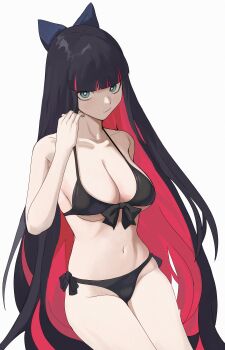 1girl absurdres aqua_eyes bikini black_bikini black_hair blue_bow blunt_bangs bow breasts bright_pupils closed_mouth colored_inner_hair commentary cowboy_shot front-tie_bikini_top front-tie_top hair_bow hand_up highres large_breasts long_hair looking_at_viewer milkmountain multicolored_hair navel panty_&amp;_stocking_with_garterbelt pink_hair side-tie_bikini_bottom simple_background solo stocking_(psg) swimsuit very_long_hair white_background white_pupils